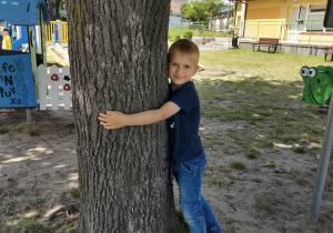 Chłopiec przytula się do drzewa